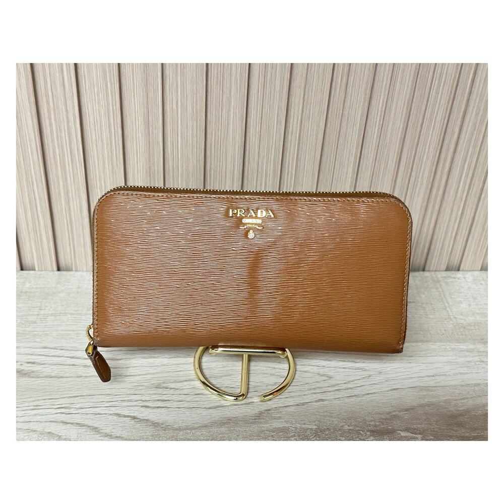 PRADA Saffiano Leather Zip Around Long Wallet in Brown